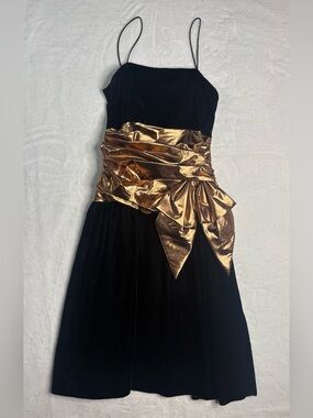 Vintage Glenrob Black Velvet Prom Dress with Metallic Gold Waist Sash